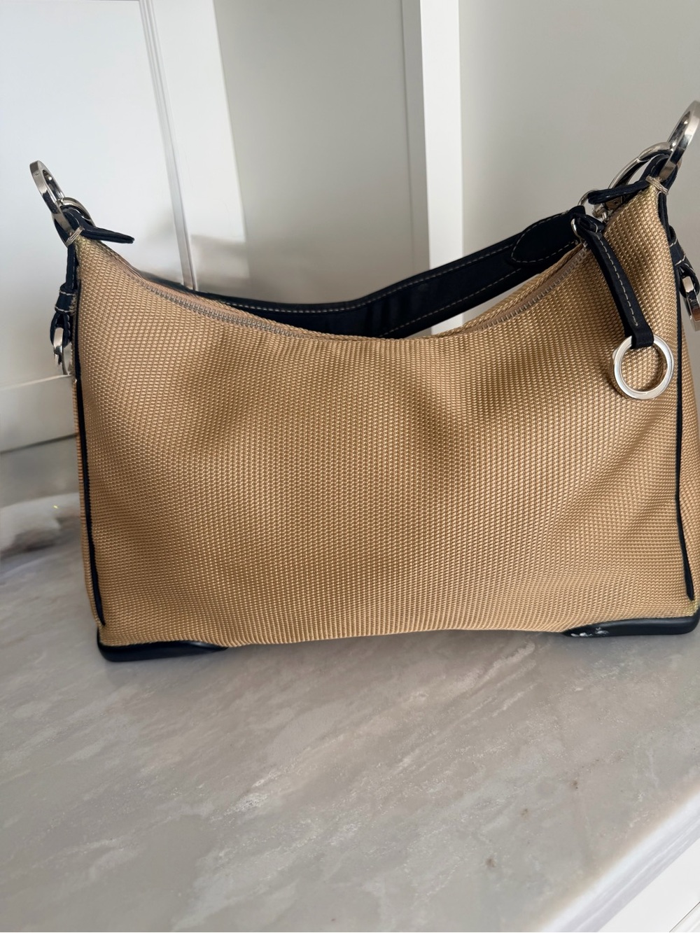 Classic Tan Shoulder Bag with Black Trim